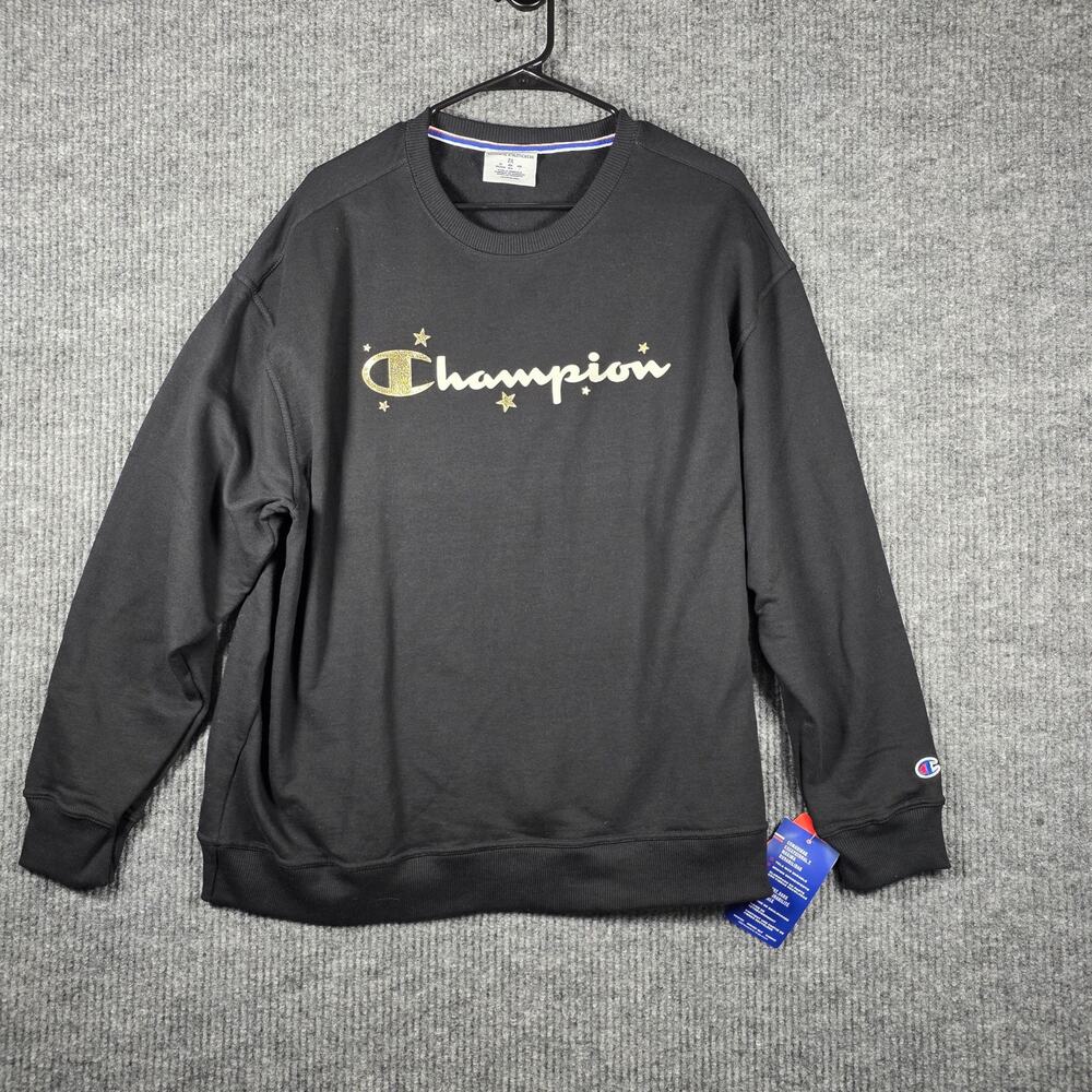 Champion Womens 2X Black Powerblend Sweatshirt Gold Logo Stars NWT